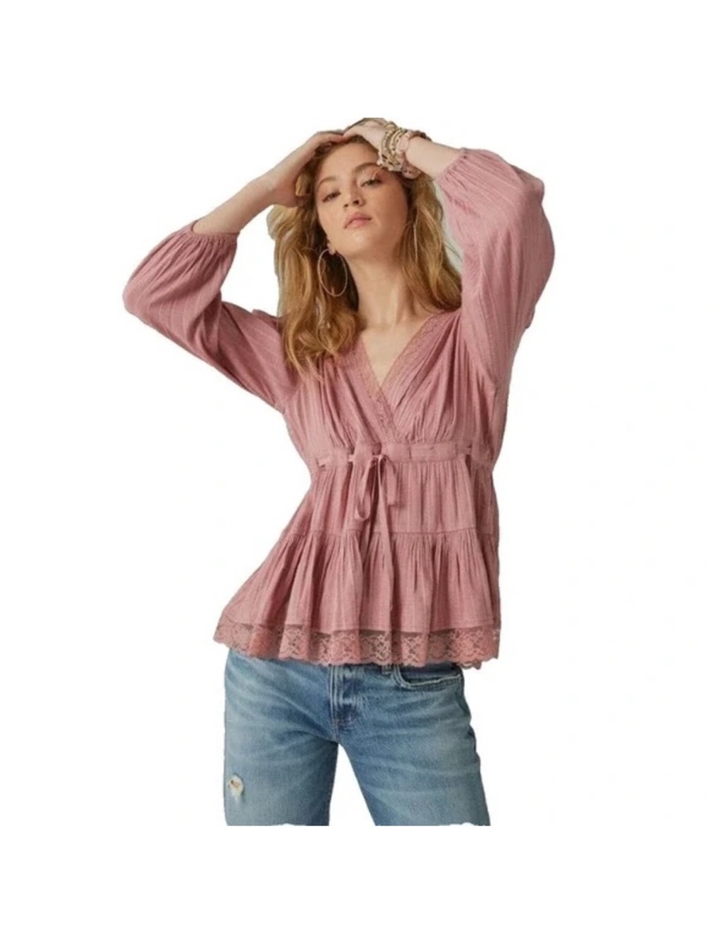 Lucky Brand Lace Trim Pintuck Babydoll Top Mauve Pink Size XS